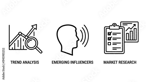 Market research & business analysis icons: trend analysis, emerging influencers, and data insights