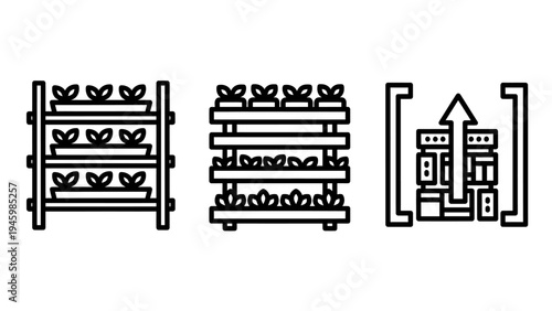 Vertical farming & sustainable agriculture icons: hydroponics and smart farm growth
