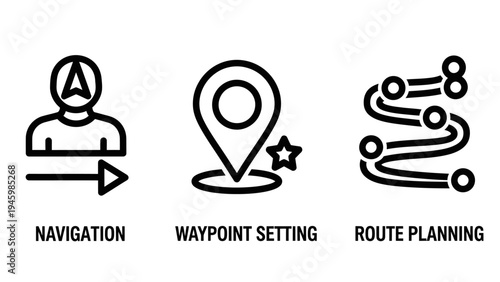 Gps & navigation icons: waypoint setting, route planning, and travel guidance interface