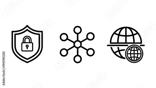 Cybersecurity & global network icons: data protection, digital connectivity, and worldwide access