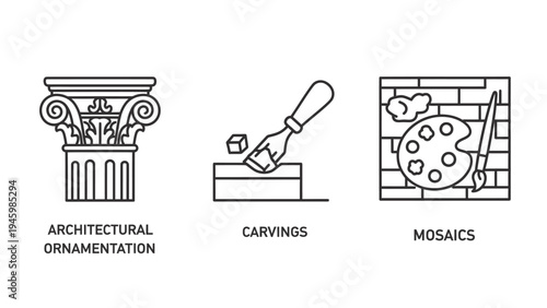 Architectural ornamentation, carvings, and mosaics icons for art history, building design, and craftsmanship concepts