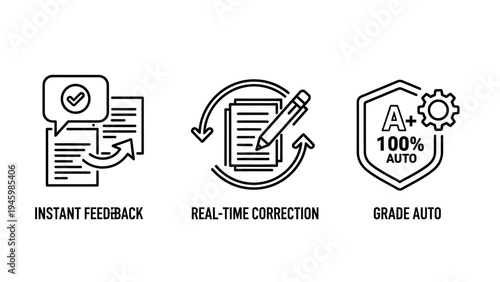Automated feedback and quality assurance icons: instant feedback, real-time correction, and automated grading system