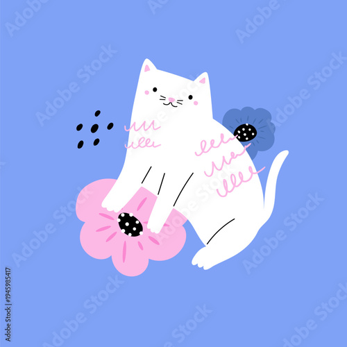 Vector illustration of cute hand-drawn cat and flowers  for prints and stickers