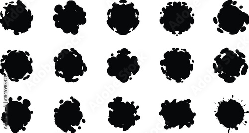 A collection of 15 black inkblots on a white background