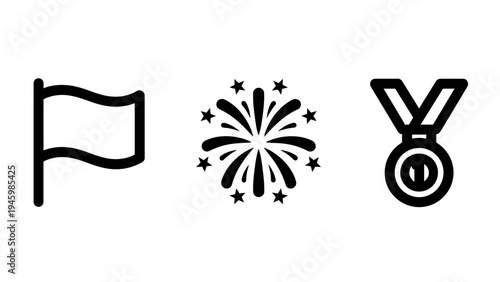 Achievement, celebration, and victory icons: flag, fireworks, and award medal for success events