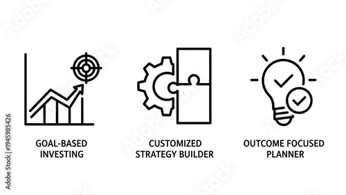 Business strategy and investment planning icons: goal-based investing, customized strategy builder, outcome focused planner