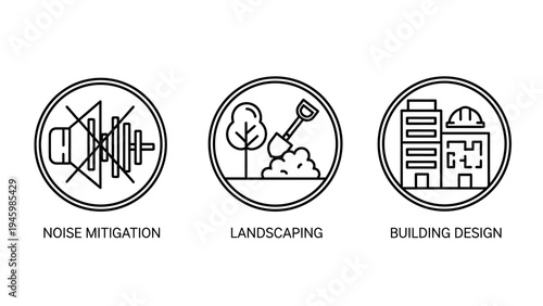 Urban planning and environmental design icons: noise mitigation, landscaping, and architectural development