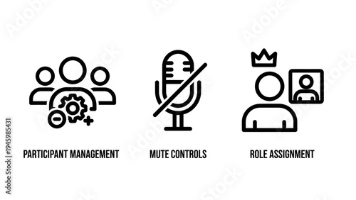 Virtual meeting and collaboration management icons: participant roles, mute controls, and group administration