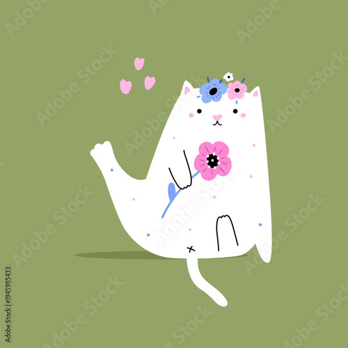 Vector illustration of cute hand-drawn cat with flowers on green background