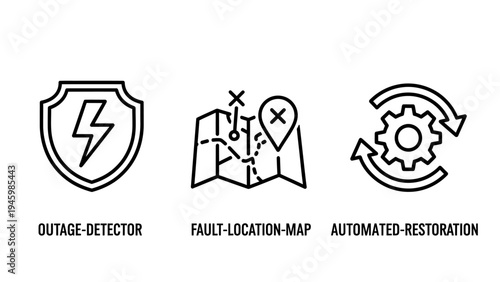 System resilience and automated recovery icons: outage detection, fault location, and automated restoration