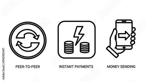 Digital money transfer and instant payment icons: peer-to-peer transactions and mobile finance