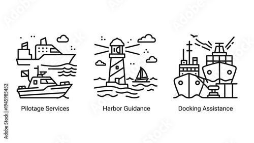 Maritime navigation and port logistics line icons: pilotage, harbor guidance, and docking assistance