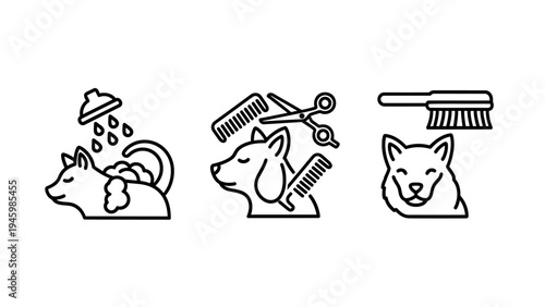 Dog grooming and pet care services line icons set: bathing, haircut, and animal beauty for digital applications