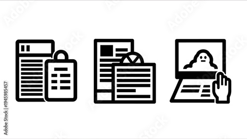 Digital document management and online education line icons: file handling, data analysis, and virtual learning