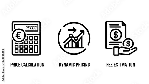 Financial calculation and pricing strategy line icons: cost estimation, dynamic prices, and fee management
