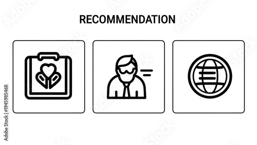 Business recommendation and global expert line icons: feedback, consulting, and international services