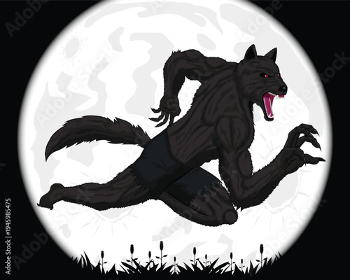 Vector illustration design of a half silhouette of a werewolf in black appearing to be running against a very large white moon background