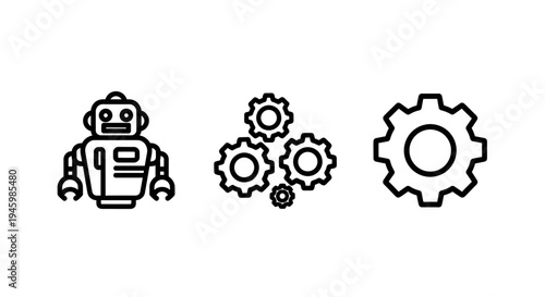 Robot automation and mechanical cogwheel icons for artificial intelligence, engineering, technology, and industry concepts