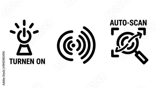 Connectivity and device functionality icons: power on, wireless signal, and automatic scan process