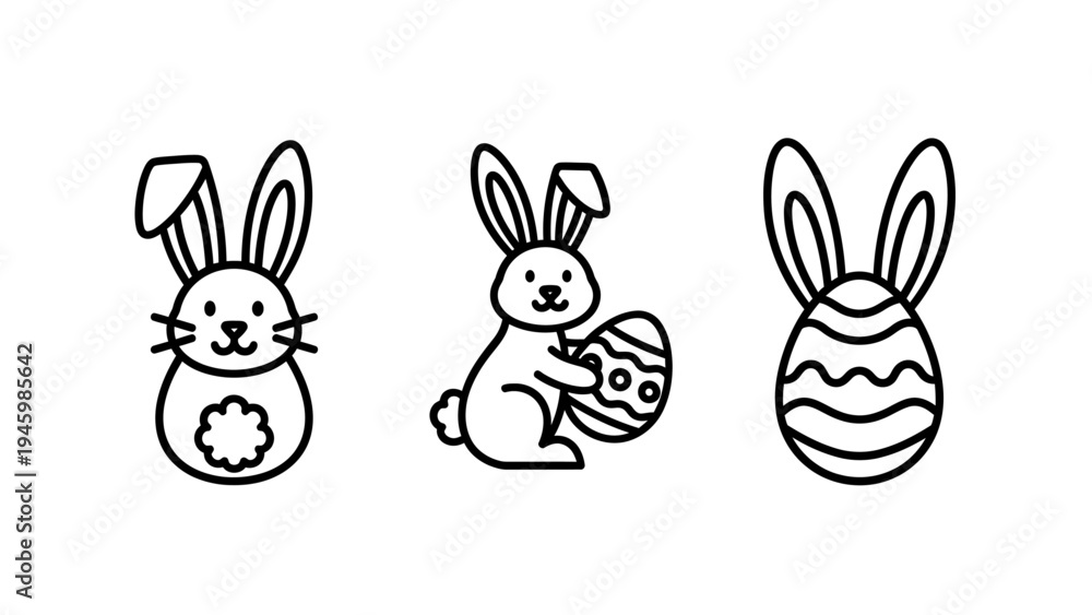 Obraz premium Easter bunny and decorated egg line art icon set for spring holiday celebration and decoration