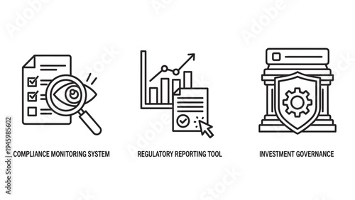 Business compliance and regulatory governance icons: magnifying glass, bar chart, and shield for financial oversight and risk management