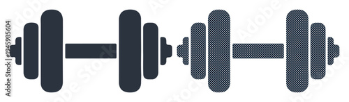 Two sets of dark blue dumbbells lined up on a white background