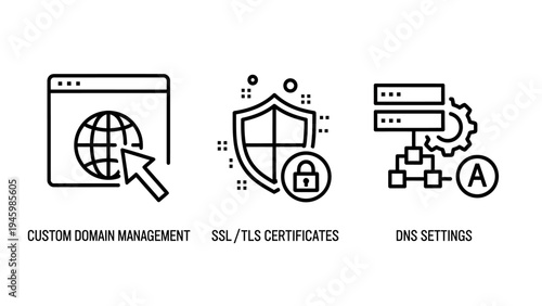 Website management and security icons: globe browser, shield lock, and server rack for dns settings and ssl certificates