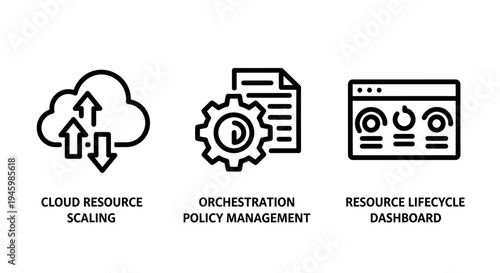 Cloud resource management icons: scaling, orchestration, and lifecycle dashboard for modern it & devops