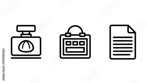 Office essentials and business document icons: ink bottle, desk calendar, and blank page for productivity and organization