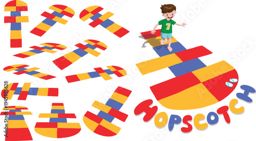 Hopscotch is a fun street game that tests balance and coordination. A child is having fun playing on a colorful hopscotch grid.