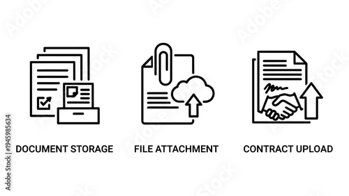 Digital document management and file transfer icons: storage, attachment, and contract upload for cloud services