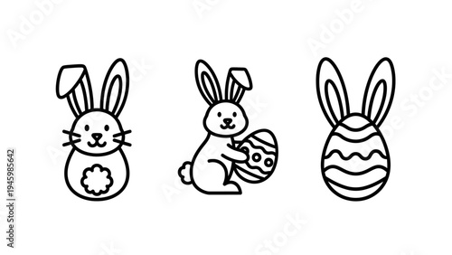 Easter bunny and decorated egg line art icon set for spring holiday celebration and decoration