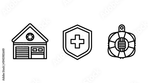 Industrial security and safety icon set featuring warehouse shield and lifebuoy symbols