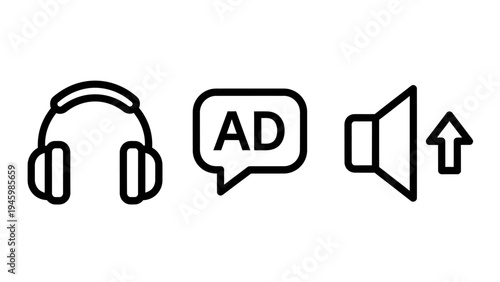 Digital audio and advertising icon set with headphones speech bubble and volume symbols