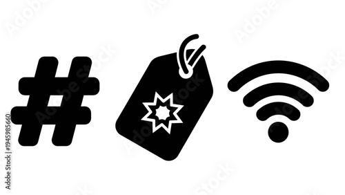 Social media hashtag shopping tag and wireless wifi icon set for digital marketing