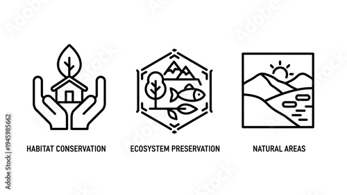 Environmental habitat conservation and ecosystem preservation icon set for nature protection