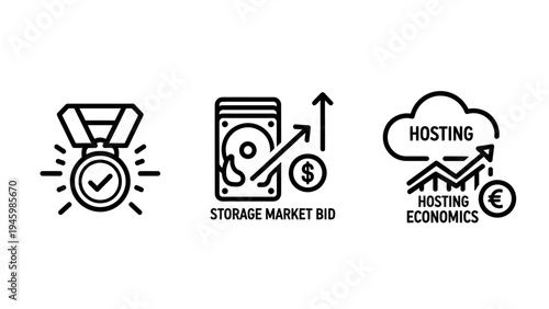 Cloud hosting economics and data storage market bid icons for financial analysis of server infrastructure and quality