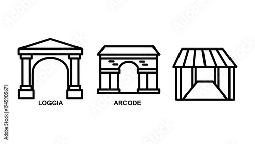 Architectural elements icon set with loggia arcade and canopy designs for building and construction planning