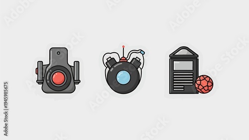 Retro electronics and gadget icon set featuring vintage camera and analog device in minimalist color style