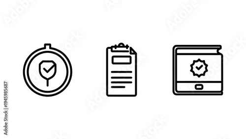 Security protocols and compliance documentation icon set for safety standards and quality assurance guidelines