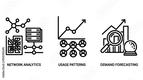 Business data analytics and demand forecasting icons illustrating network usage patterns and statistics visualization