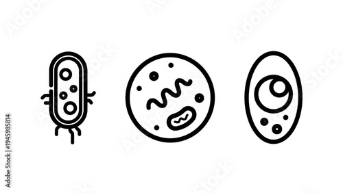 Microbiology icons set featuring bacteria cells and microscopic organisms for medical science research