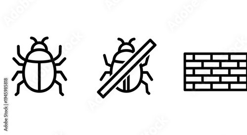 Cybersecurity icon set featuring a software bug symbol a prohibited bug and a brick wall representing a network firewall