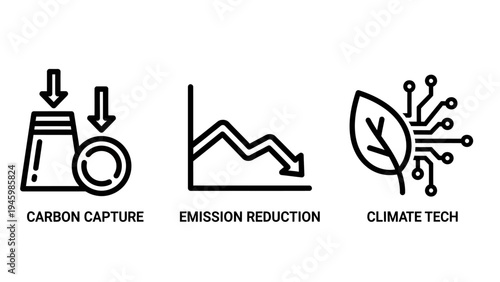 Environmental technology icons showing carbon capture systems emission reduction charts and sustainable climate tech symbols