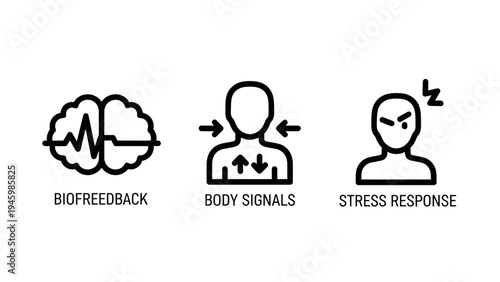 Health monitoring icon set for biofeedback including brain waves body signals and physical stress response symbols with labels