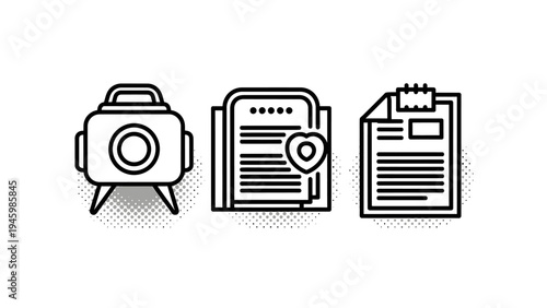 Modern linear icon set featuring media projector data privacy shield document and management reporting clipboard for business web design