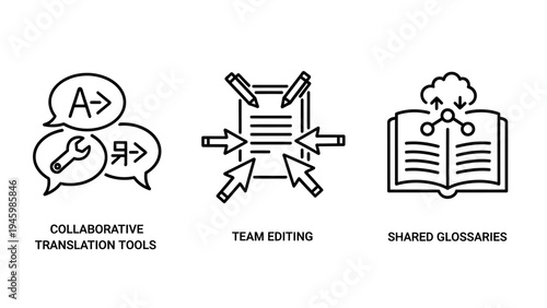 Localization and translation icons featuring collaborative translation tools team editing on documents and shared language glossaries
