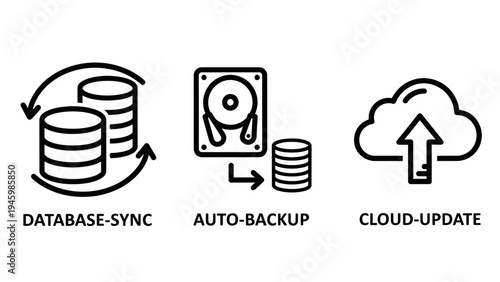 Technology icon set for database synchronization automatic backup storage and cloud updates for digital information management