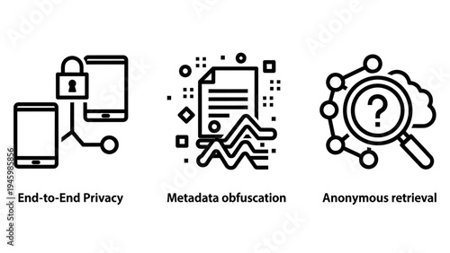 Cybersecurity icon set representing end to end privacy metadata obfuscation and anonymous data retrieval for secure networks