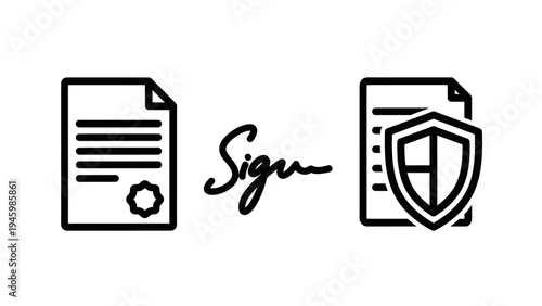 Legal and business document icon set with certified contract handwritten signature and protected file security shield